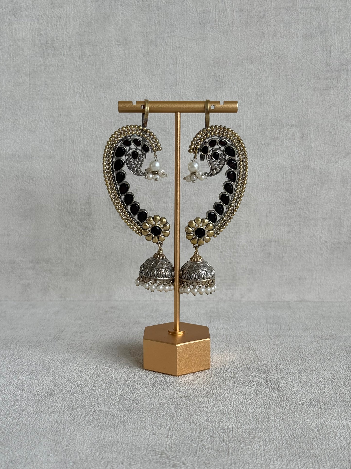 Ayura Designs Koyal Jhumkis – Oxidised Dual Tone Ear Climber Jhumkis with Black Kundan & Pearl Detailing