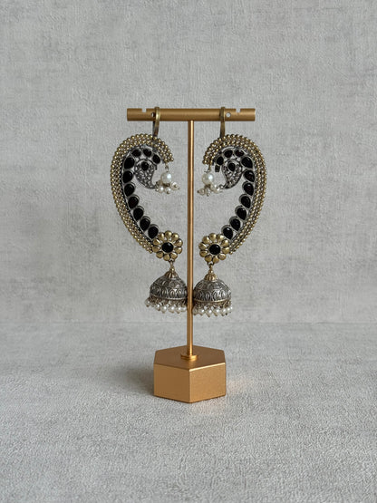 Ayura Designs Koyal Jhumkis – Oxidised Dual Tone Ear Climber Jhumkis with Black Kundan & Pearl Detailing