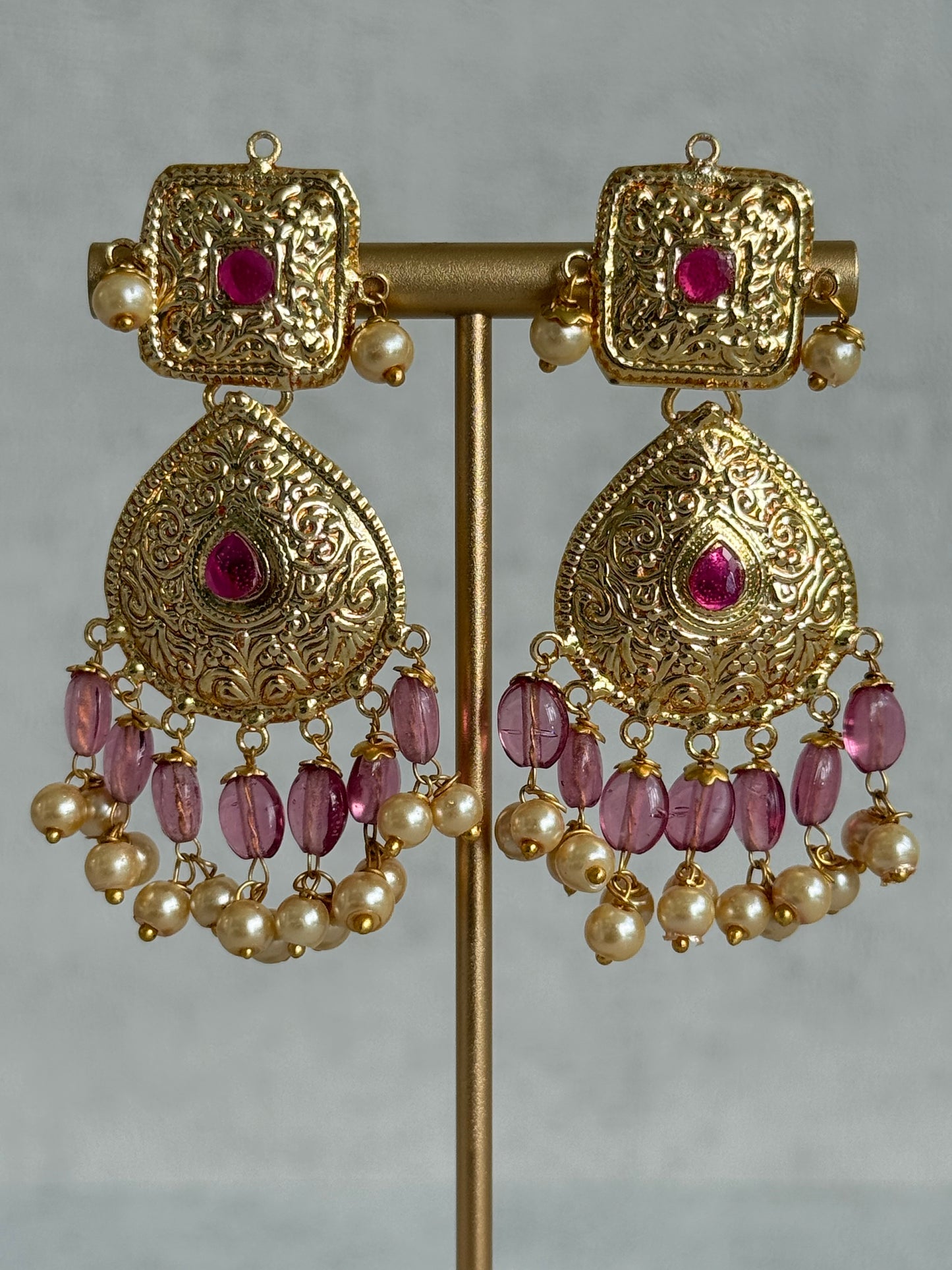 Ayura Designs Chetna Choker Set with Earrings & Tikka – Rani Pink Beads, Cream Pearl Drops with Pipal Patti Detailing