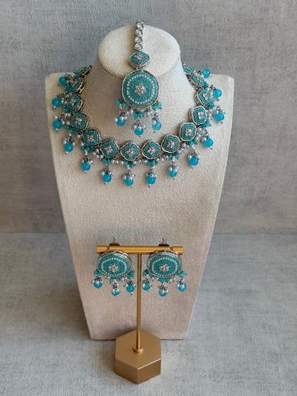 Ayura Designs Nomal Set with Earrings & Tikka – Aqua Blue Beads, Pearl Detailing & Silver Finish