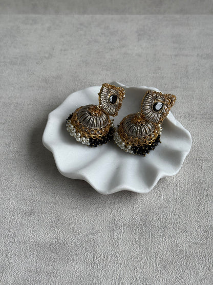 Ayura Designs Nasha Jhumkis – Silver & Gold Dual-Tone Earrings with Black & Pearl Beads