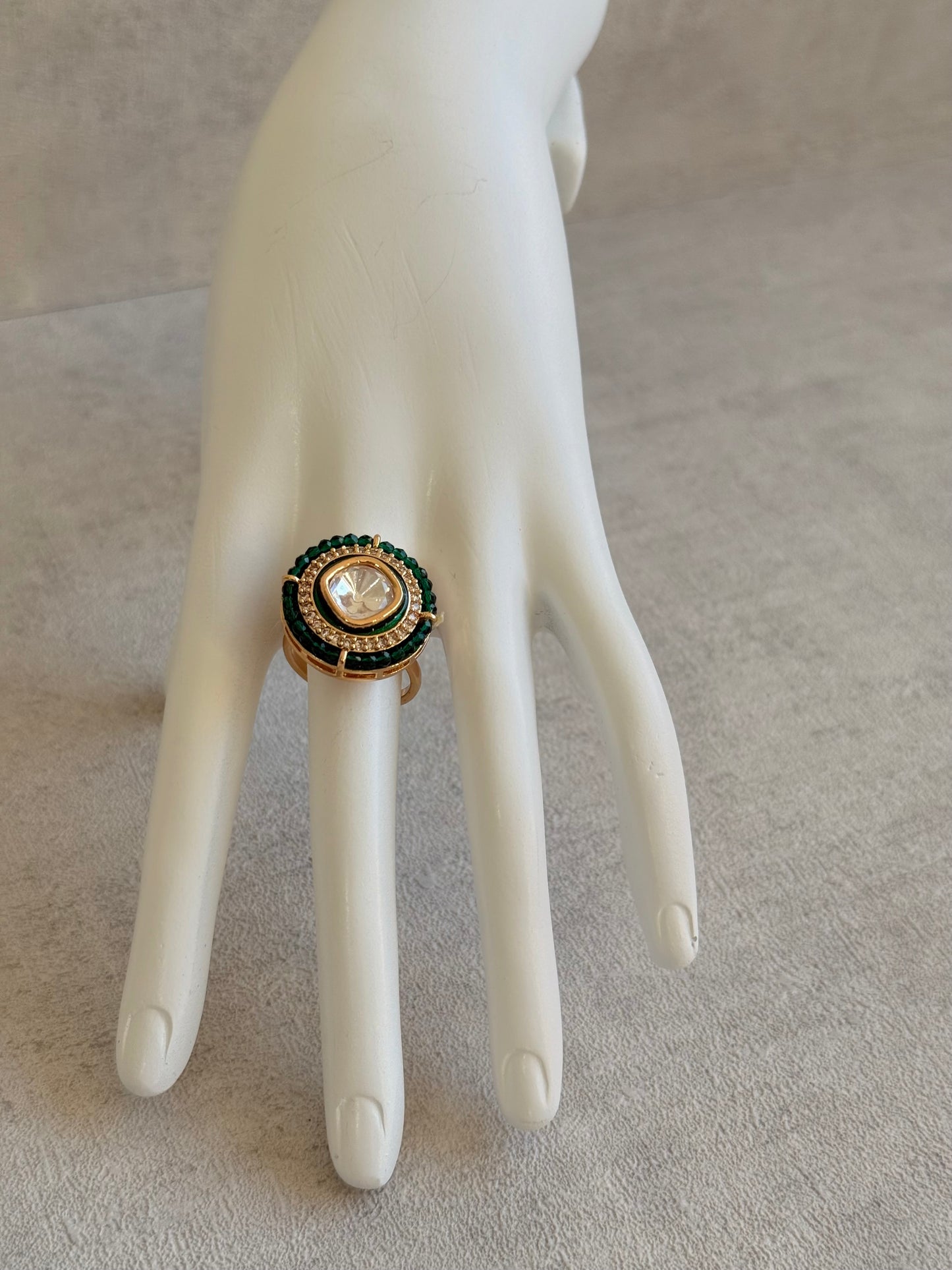 Ayura Designs Roselle Adjustable Ring – Moissanite Centre with Crystal Border & Emerald Green Beads