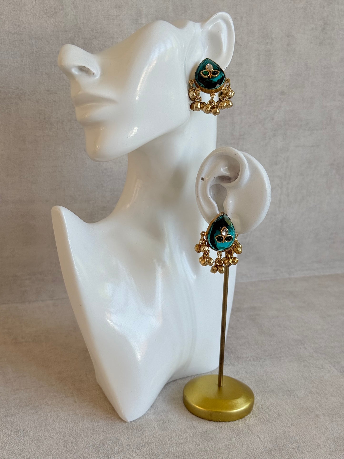 Ayura Designs Aykai Earrings – Teal Carved Teardrop Stud Earrings with Clear Kundan Stones and Gold Ghungroo Drops