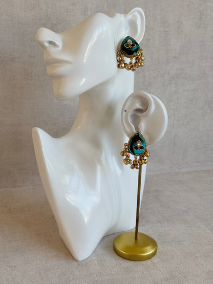 Ayura Designs Aykai Earrings – Teal Carved Teardrop Stud Earrings with Clear Kundan Stones and Gold Ghungroo Drops