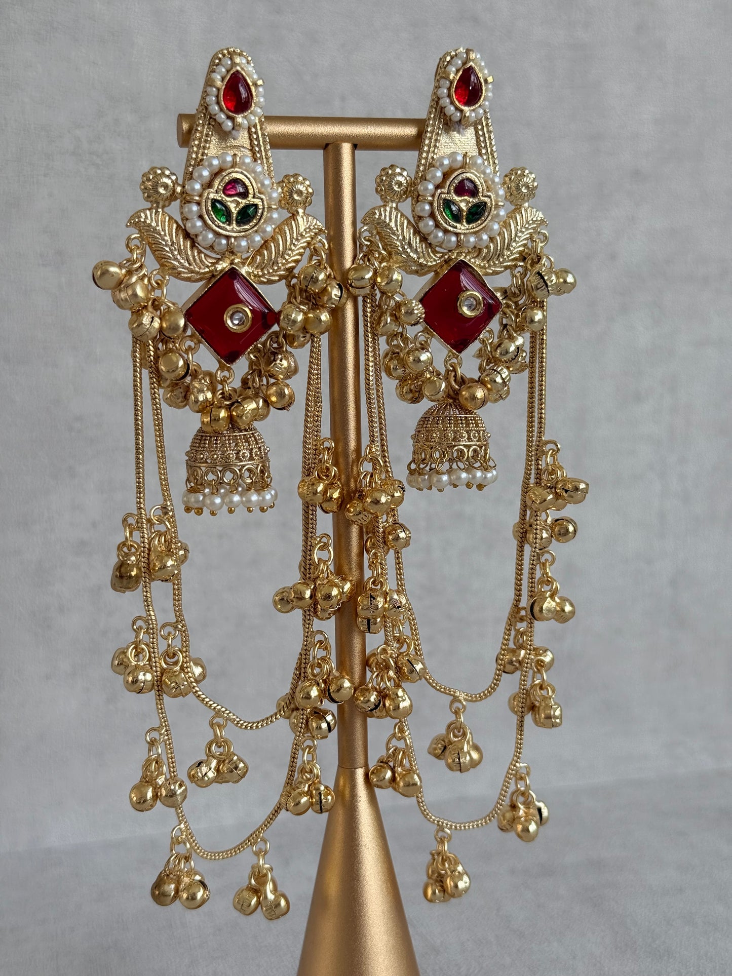 Ayura Designs Simal Earrings – Kashmiri Earrings with Red Stone, Multicoloured Detailing, Layered Ghungroo Chains & Jhumkis