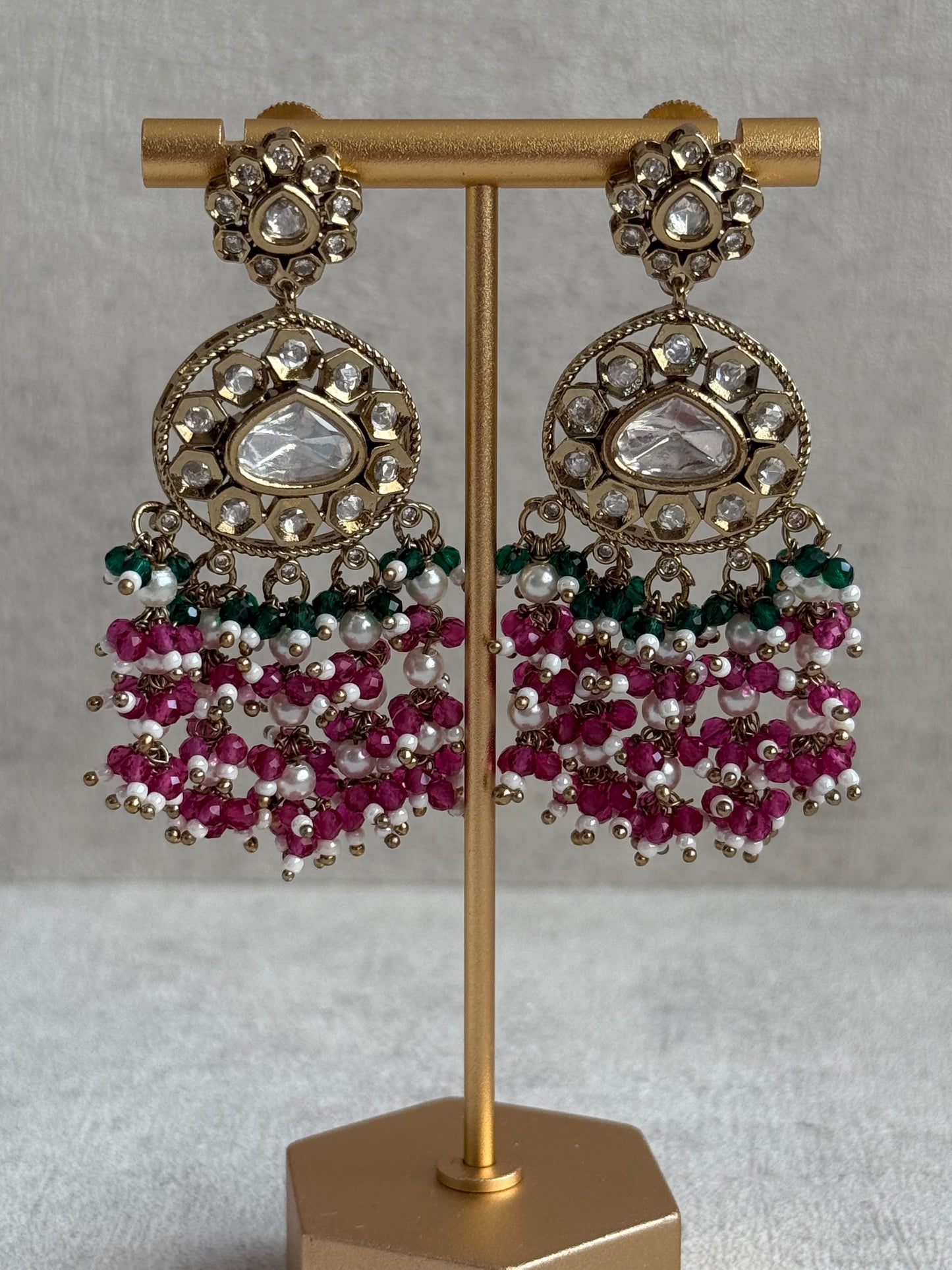 Ayura Designs Sienna Set – Long Layered Necklace & Earrings with Emerald, Berry Pink & Ivory Beads, Mirror-Cut Kundan & Pearl Detailing