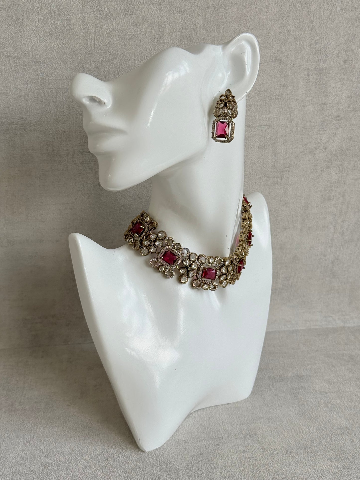 Ayura Designs Celine Necklace Set with Earrings – Moissanite Ruby Rose Statement Set