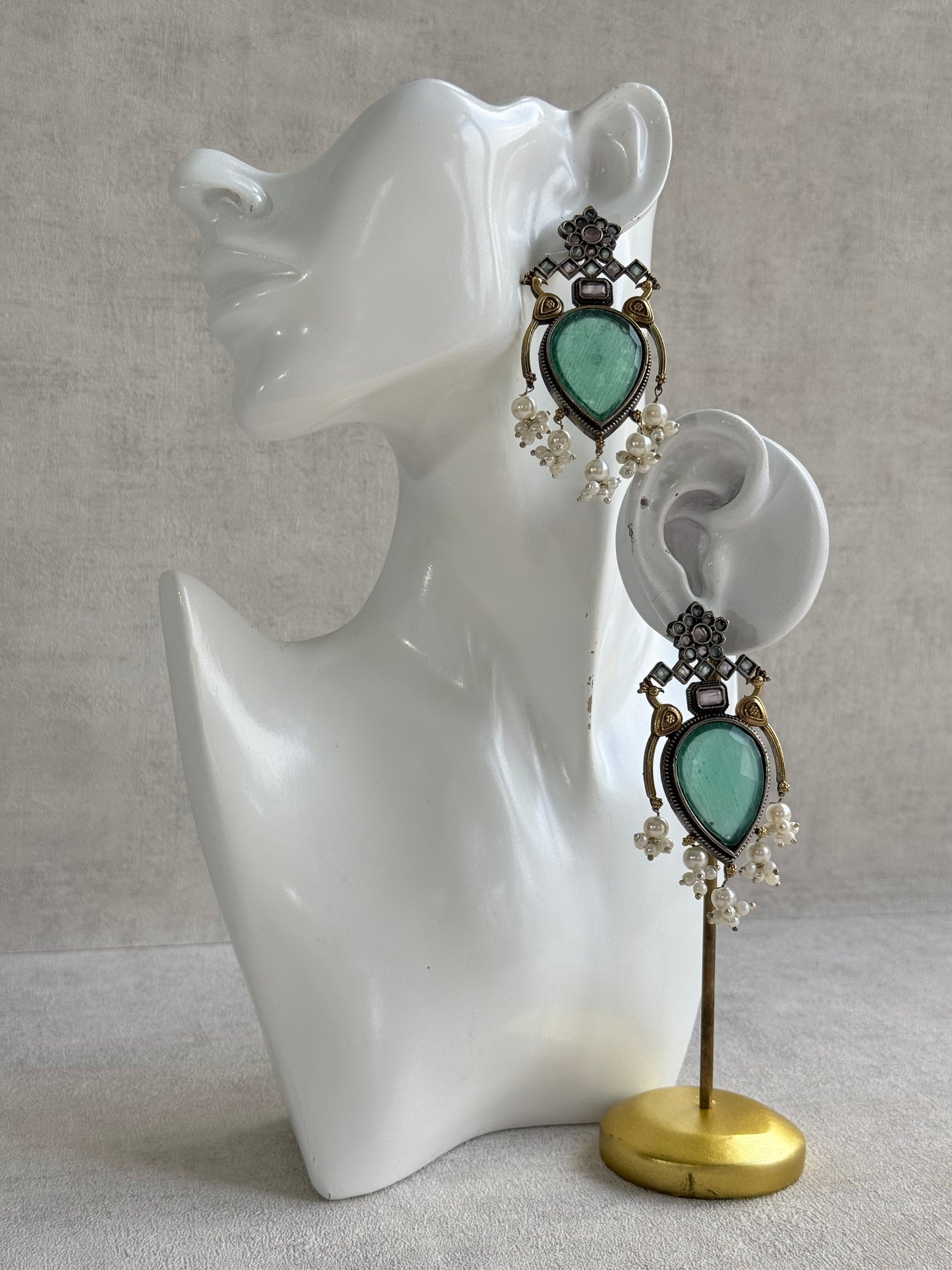 Ayura Designs Kafila Earrings – Dual Tone Oxidised Earrings with Peacock Motifs, Mint Green & Blush Pink Stones
