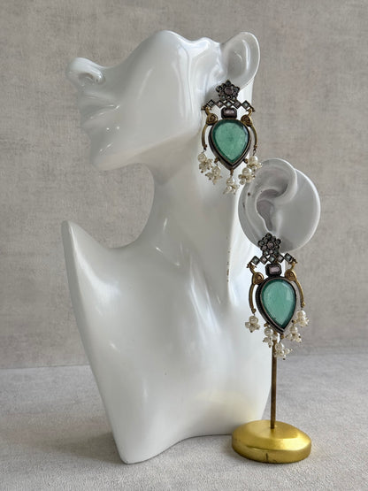 Ayura Designs Kafila Earrings – Dual Tone Oxidised Earrings with Peacock Motifs, Mint Green & Blush Pink Stones