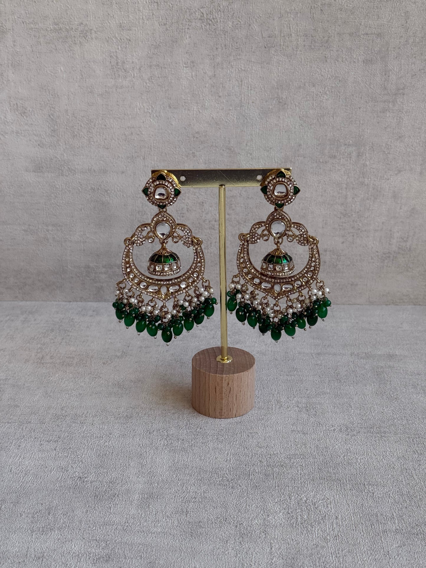Ayura Designs Reha Earrings – Statement Chandbalis with Emerald Green Beads, Pearls & Mirror-Cut Stones