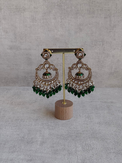 Ayura Designs Reha Earrings – Statement Chandbalis with Emerald Green Beads, Pearls & Mirror-Cut Stones