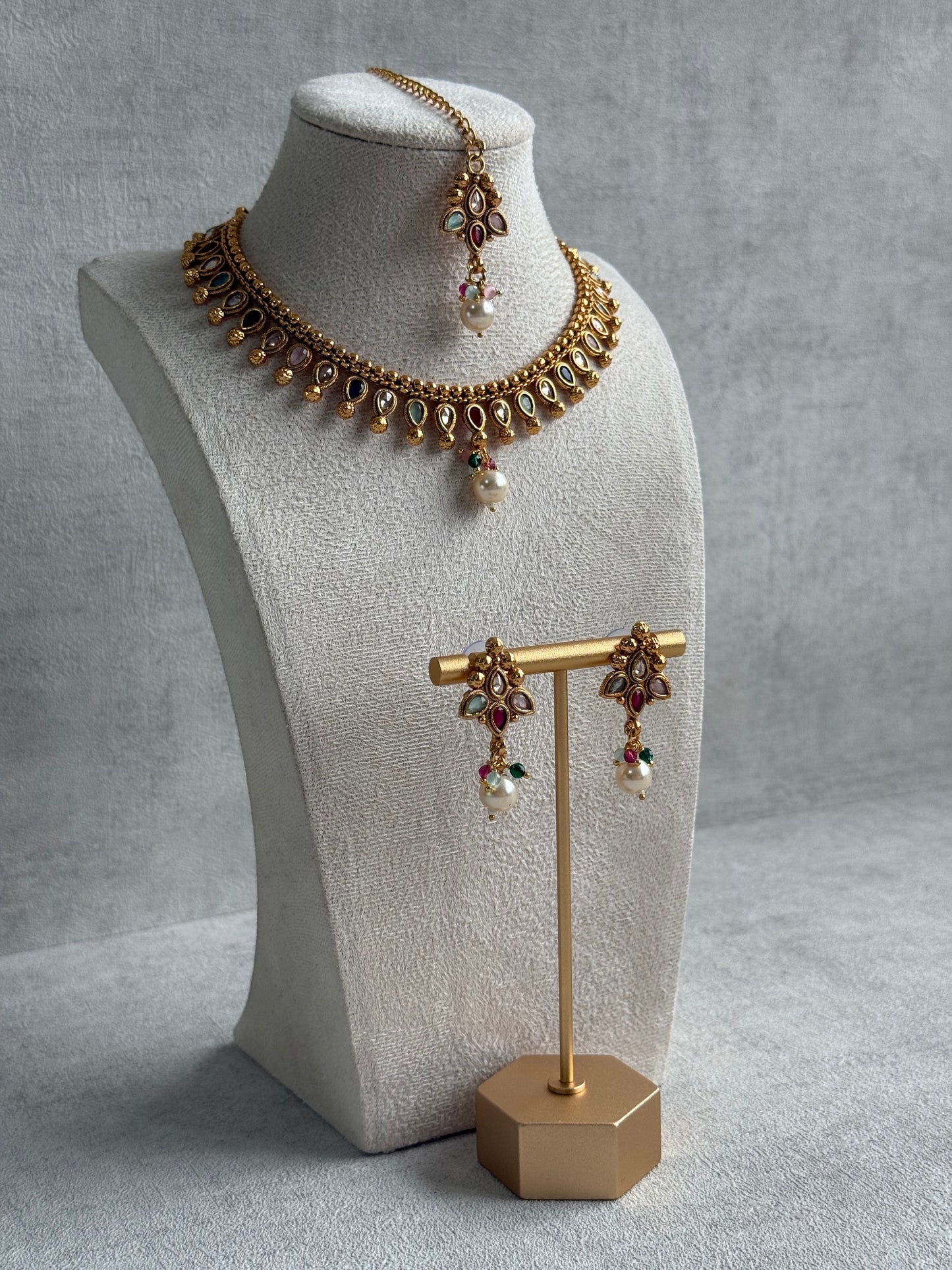 Ayura Designs Oorvi Set – Necklace, Earrings & Tikka with Mirror-Cut Multicolour Stones & Polished Gold Finish
