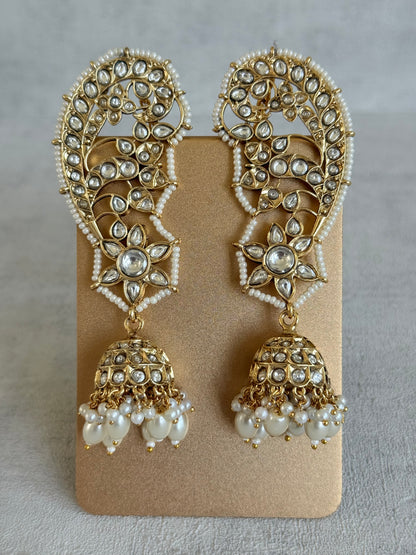 Ayura Designs Urisha Ear Climber Jhumkis – Pearl & Kundan Earrings, Indian Pakistani Bridal Wedding Jewellery