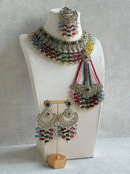 Ayura Designs Dilnaz Necklace Set with Earrings, Tikka & Passa – Multicolour Crystal Beads & Antique Gold Finish