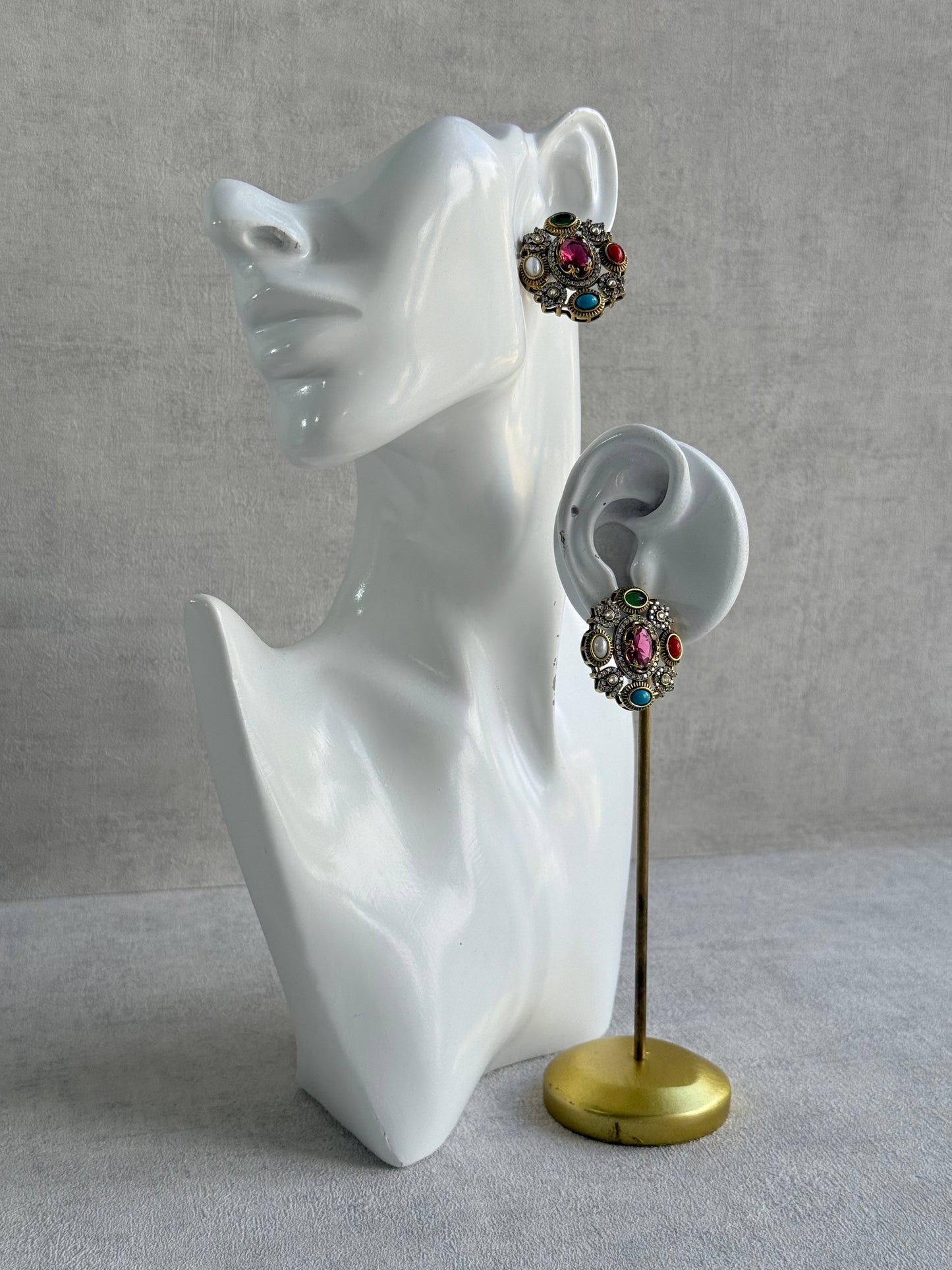 Ayura Designs Celia Stud Earrings – Rani Pink & Multicolour Stones with Gold Finish