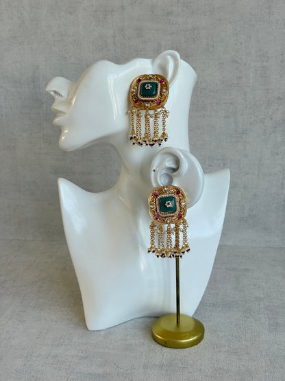 Ayura Designs Gunjal Earrings – Sage Green & Rani Pink Chain Drop Studs with Kundan & Bead Detailing