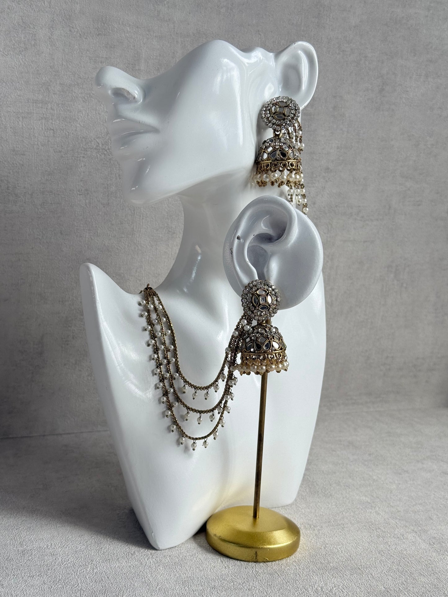 Ayura Designs Aaina Jhumkis – Antique Gold Mirror & Crystal Earrings with Detachable Triple-Layer Pearl Sahare