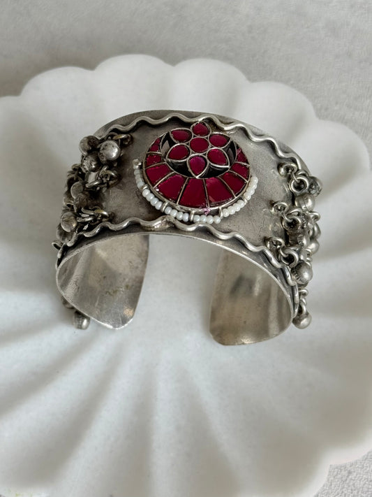 Ayura Designs Ketki Adjustable Cuff Bracelet – Ruby Pink Kundan Floral Motif & Ghungroo Detailing
