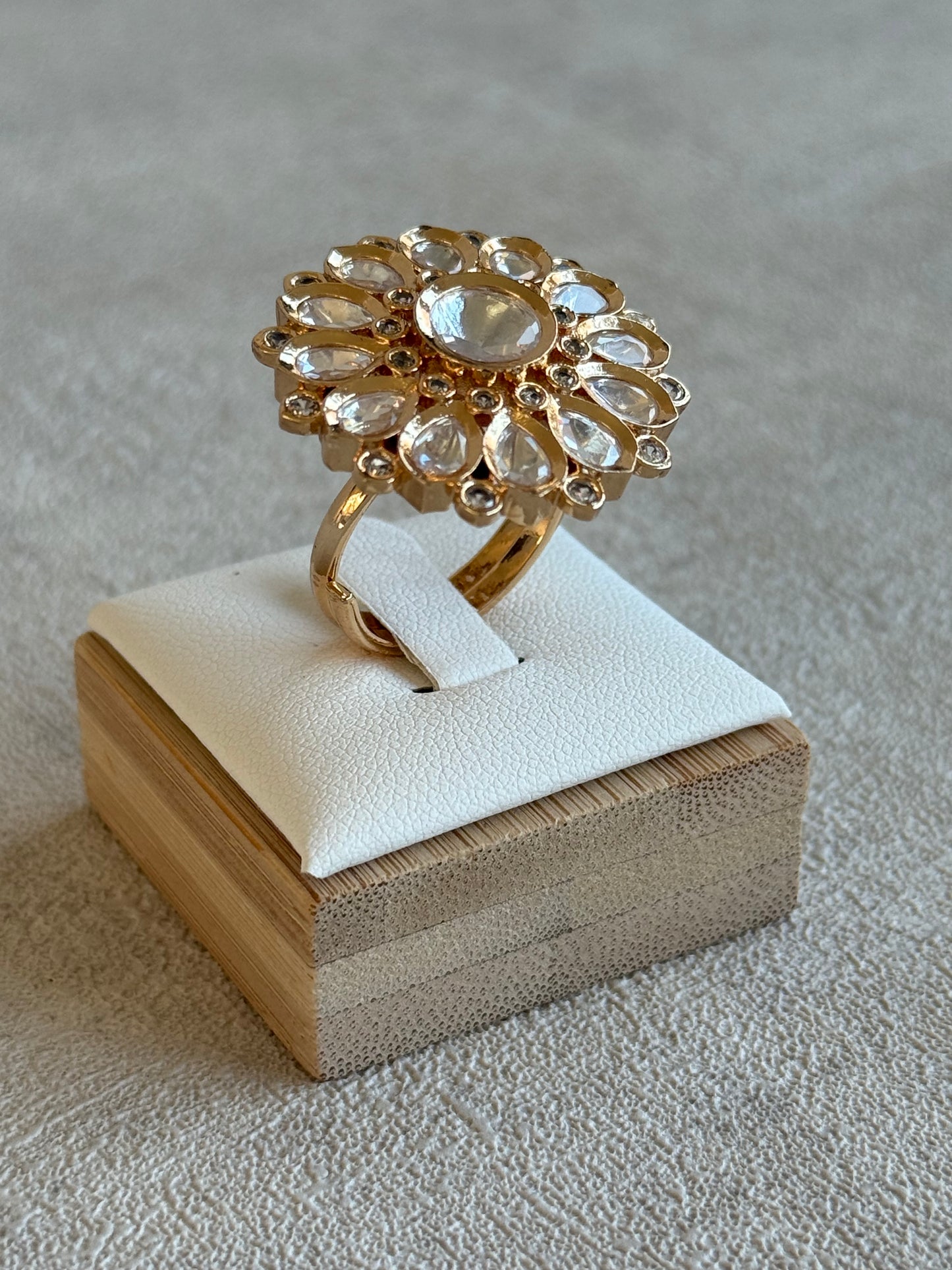 Ayura Designs Luisa Adjustable Ring – Crystal Centre Stone with Crystal Petal Detailing