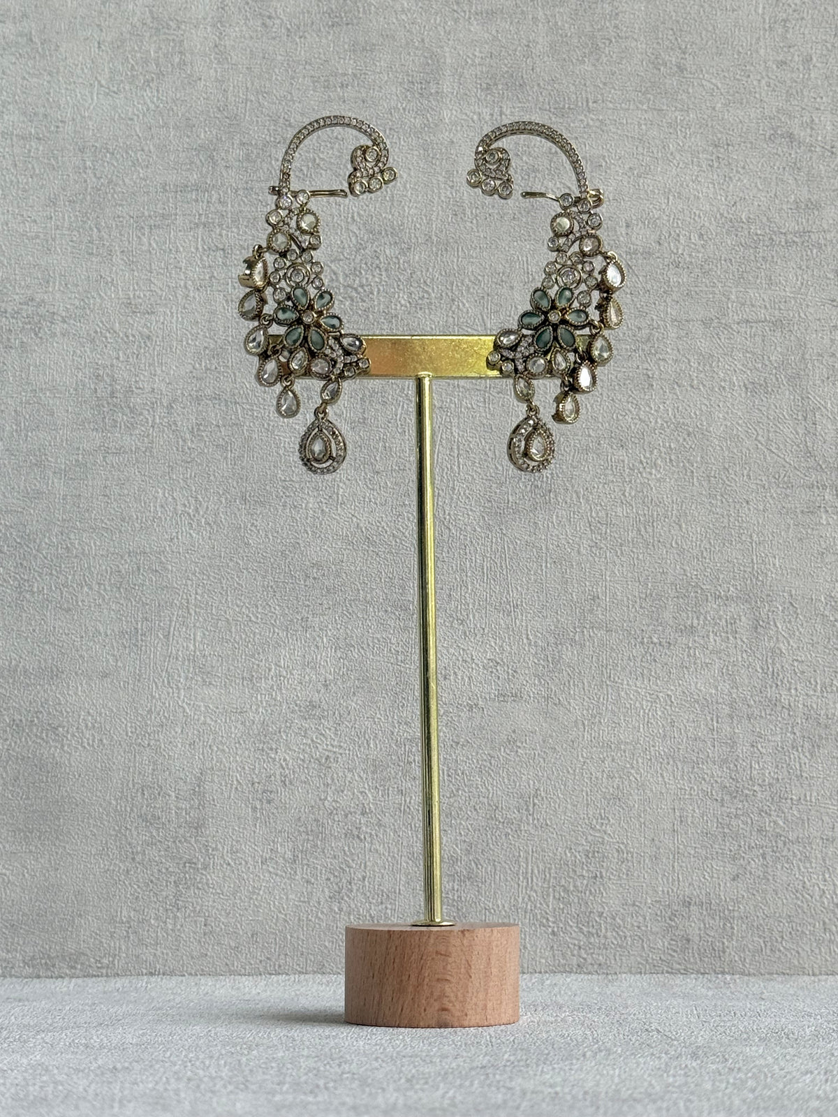 Ayura Designs Aksara Kaanphool Earrings – Mint Green Stones, Kundan, Crystals & Antique Gold Finish