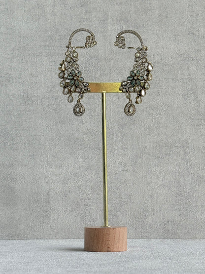 Ayura Designs Aksara Kaanphool Earrings – Mint Green Stones, Kundan, Crystals & Antique Gold Finish