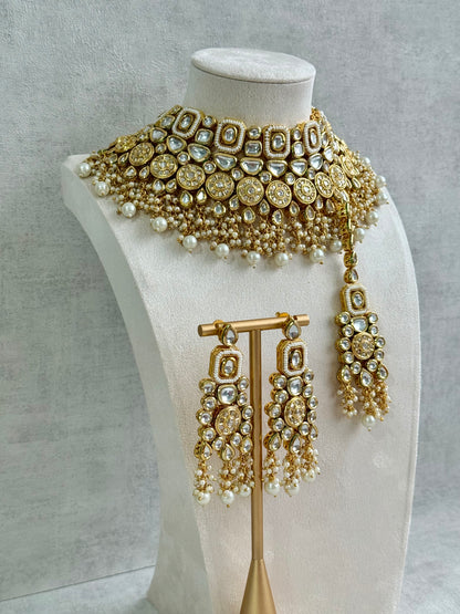Ayura Designs Suhana Bridal Set with Necklace, Earrings & Tikka – Kundan Stones with Pearl Detailing in Antique Gold Finish