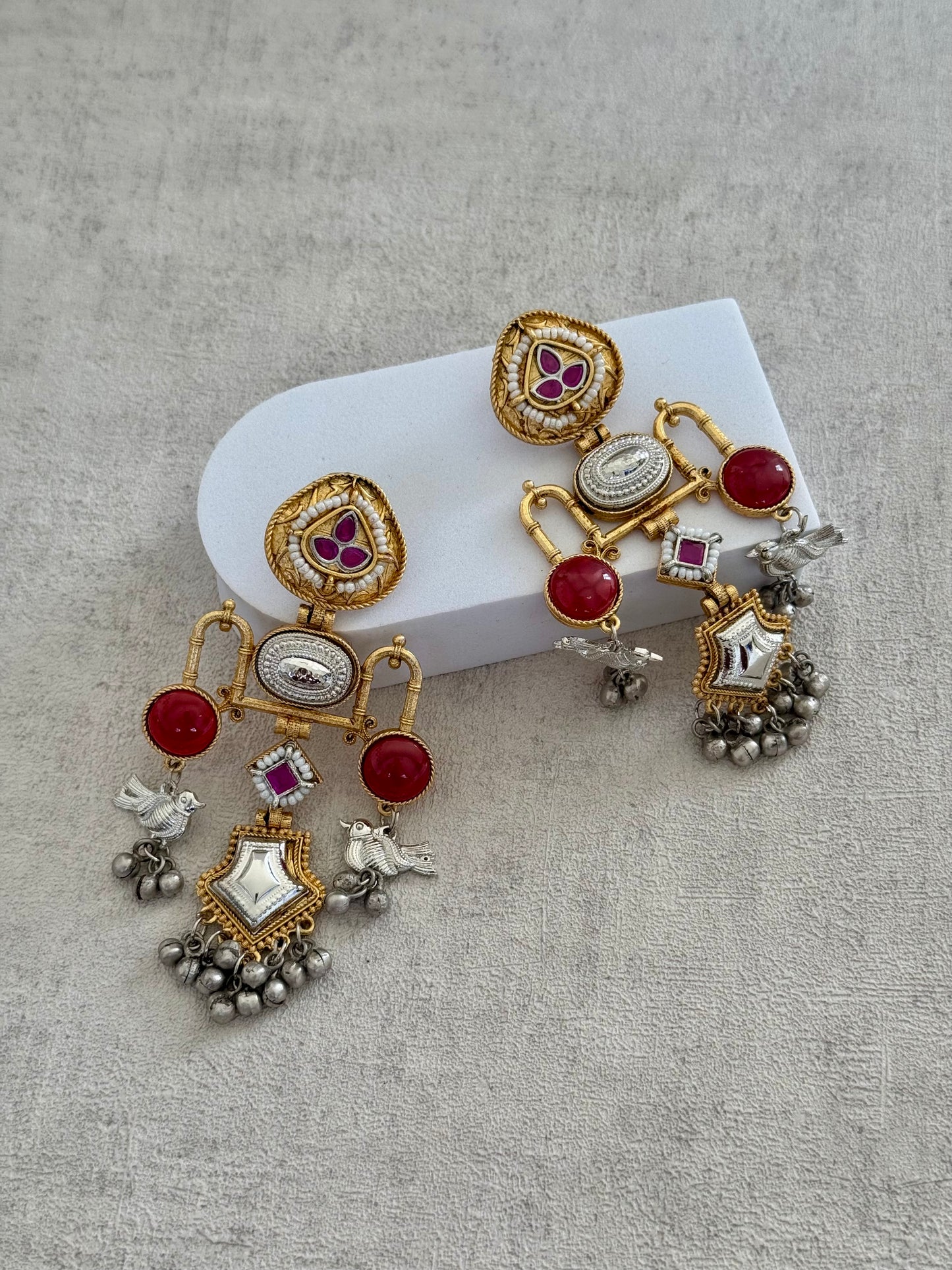 Ayura Designs Amzie Earrings - Exquisitely Handcrafted in Brass with Silver Accents, Ruby Embellishments, and Delicate Bird Motif Charms