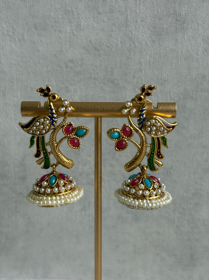 Ayura Designs Mayuri Jhumkis – Gold Peacock Earrings with Multicolour Meenakari & Pearl Detailing