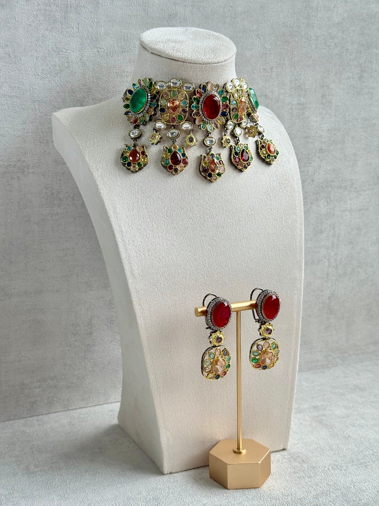 Ayura Designs Verity Choker Set with Earrings – Multicolour Stones, Crystal Accents & Antique Silver Finish