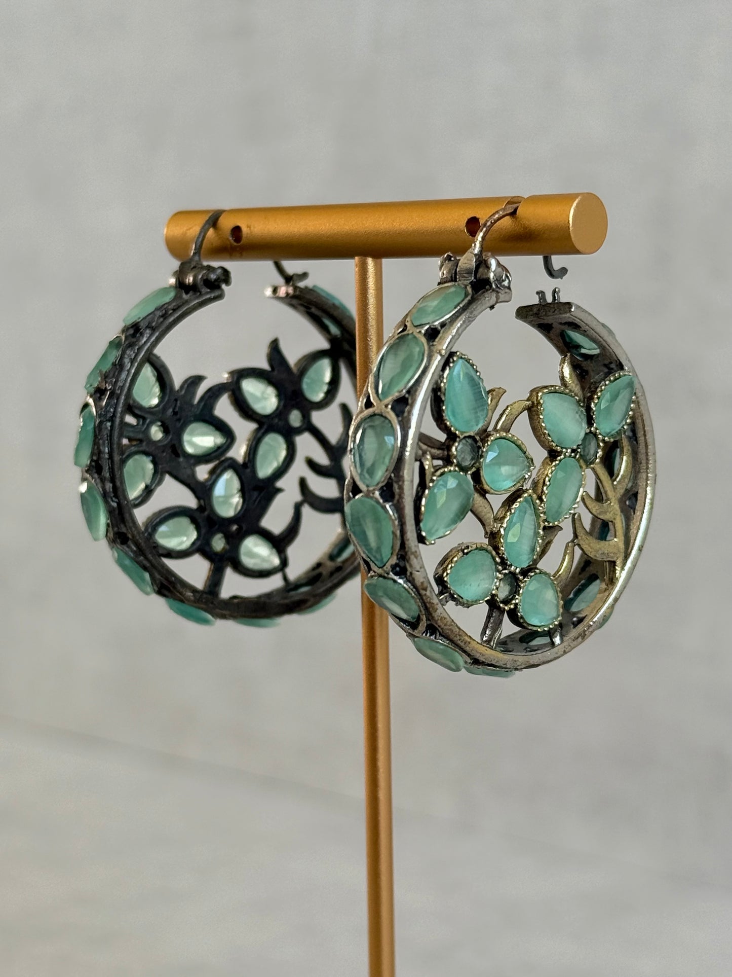 Ayura Designs Nureh Earrings – Dual Tone Floral Hoop Earrings with Mint Green Stones & Cutwork Detailing