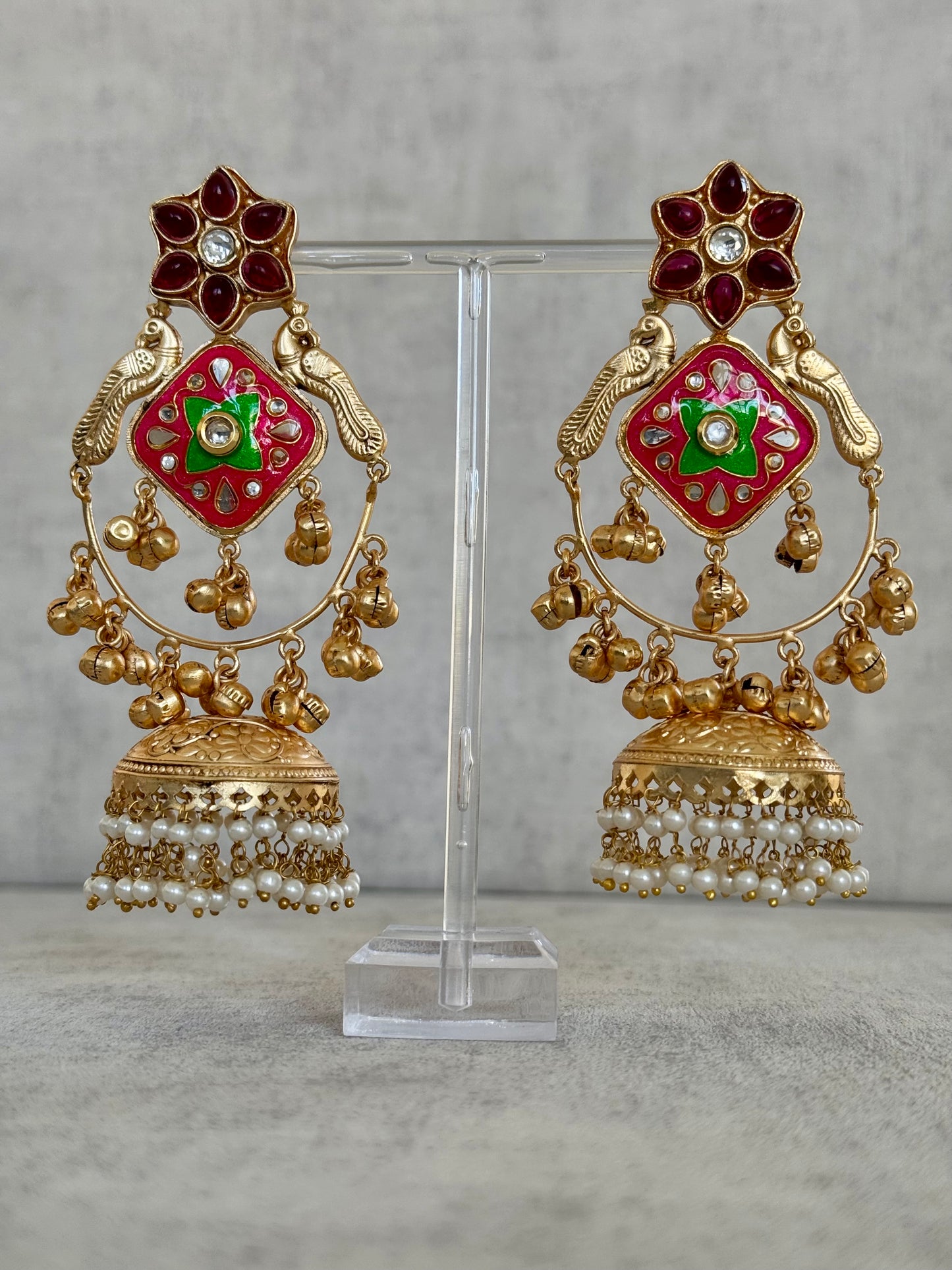 Ayura Designs Farida Earrings – Brass Jhumka Earrings with Ruby & Green Enamel, Bird Motifs and Pearl Dangling Drops