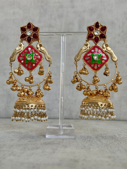 Ayura Designs Farida Earrings – Brass Jhumka Earrings with Ruby & Green Enamel, Bird Motifs and Pearl Dangling Drops