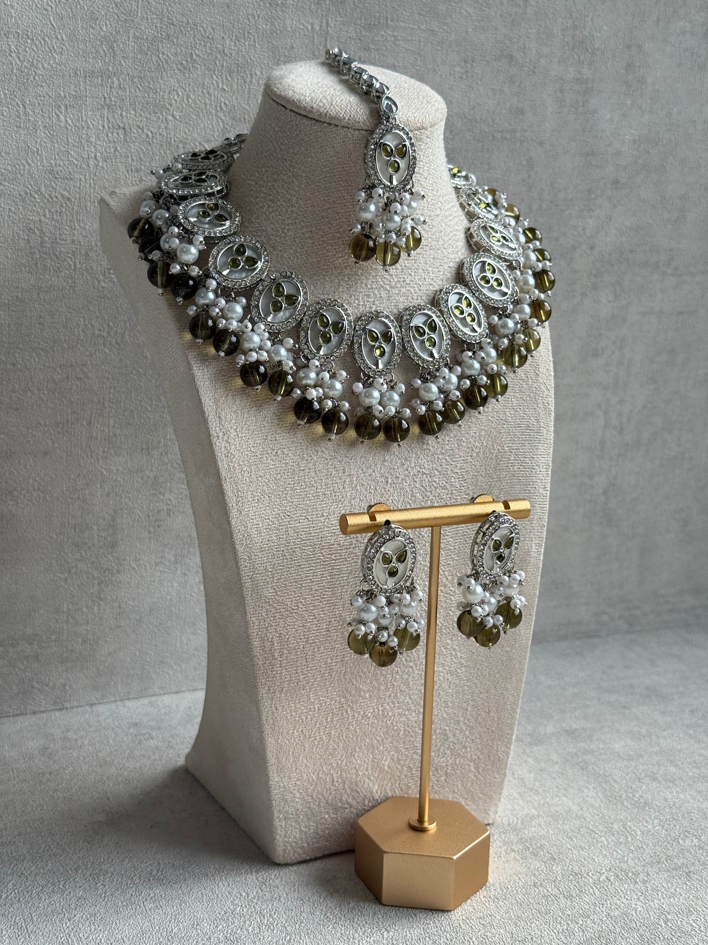Ayura Designs Linza Set – Necklace, Earrings & Tikka in Olive Green & Pearl with Silver Finish