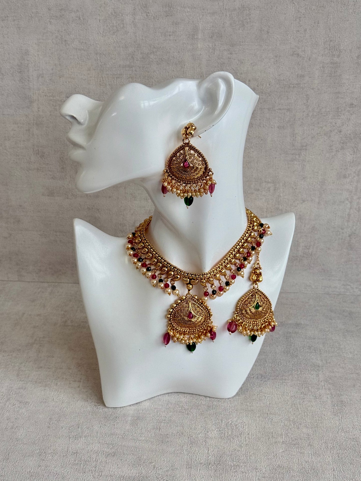 Ayura Designs Hamida Set with Necklace, Earrings & Tikka – Antique Gold with Ruby Pink and Emerald Green Beads & Pearl Detailing