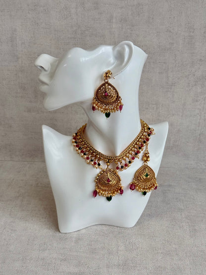 Ayura Designs Hamida Set with Necklace, Earrings & Tikka – Antique Gold with Ruby Pink and Emerald Green Beads & Pearl Detailing