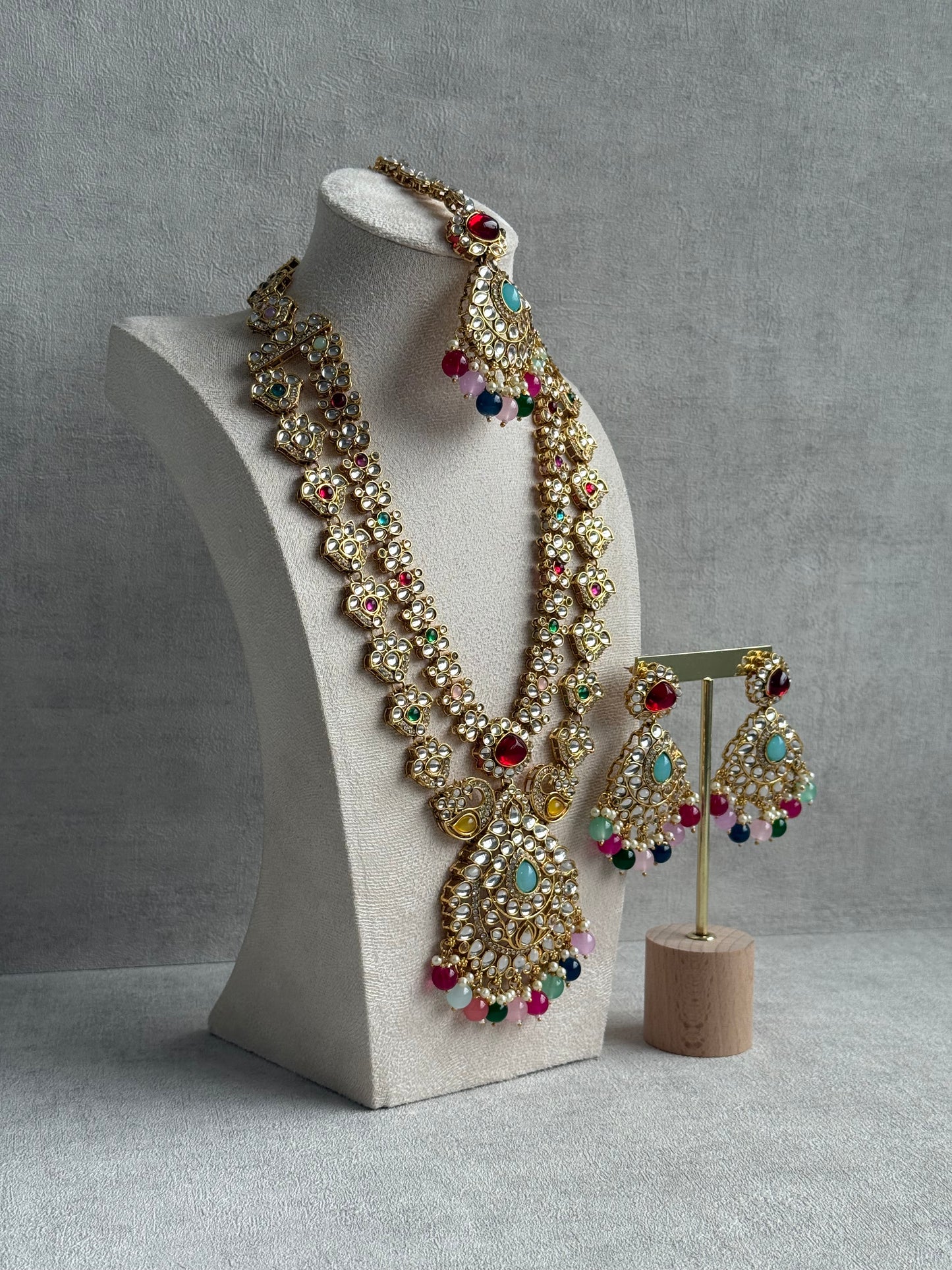 Ayura Designs Javeria Set with Earrings & Tikka – Multicolour Beads, Mirror Kundan & Gold Finish