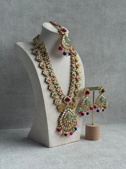 Ayura Designs Javeria Set with Earrings & Tikka – Multicolour Beads, Mirror Kundan & Gold Finish