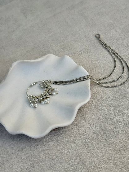Ayura Designs Kasu Nath – Silver Nath with Pearl Drops, Crystal Detailing & Layered Chain Design