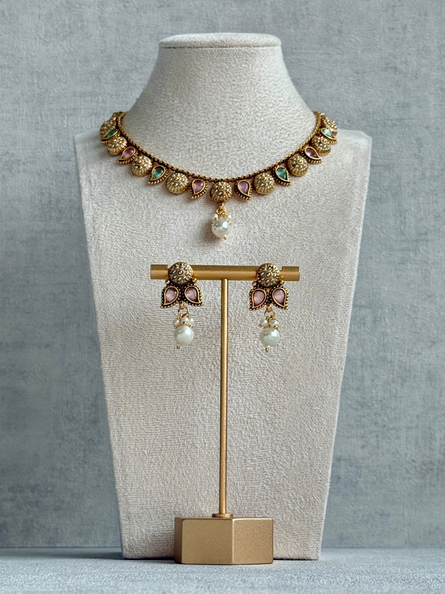 Ayura Designs Mayura Necklace Set with Earrings – Antique Gold Meenakari Motifs with Pearl Drop & Blush Pink and Mint Green Stones