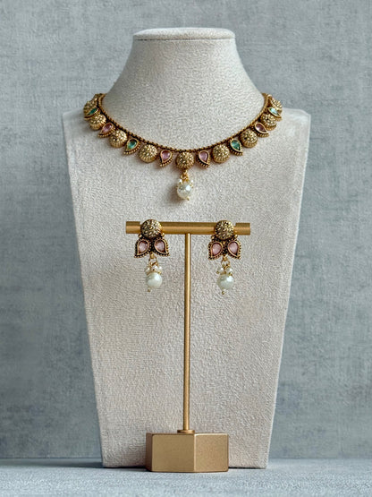 Ayura Designs Mayura Necklace Set with Earrings – Antique Gold Meenakari Motifs with Pearl Drop & Blush Pink and Mint Green Stones