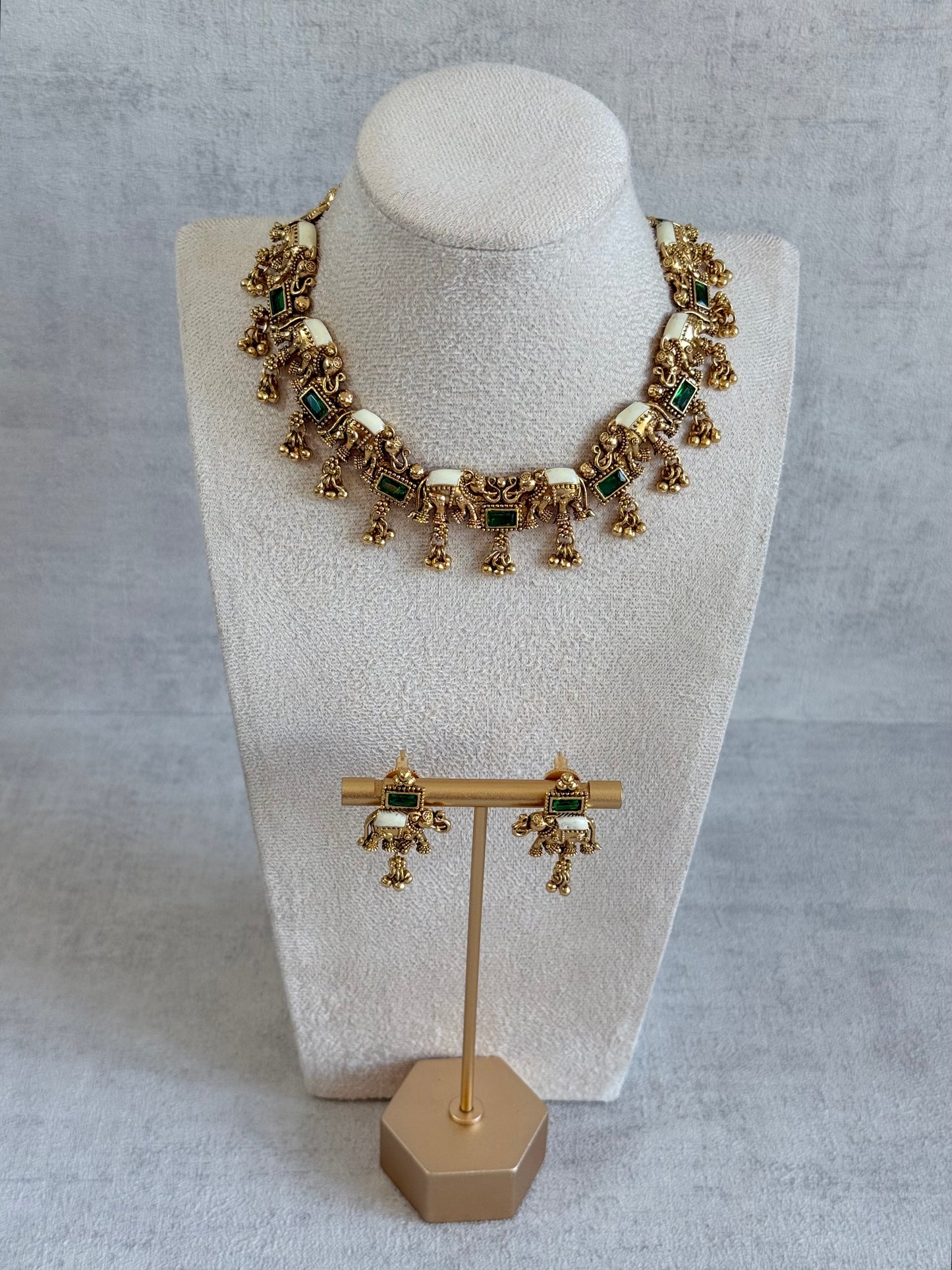 Ayura Designs Ruva Necklace Set with Earrings – Gold Finish, Emerald Green Stones, Ivory Detailing & Elephant Motifs