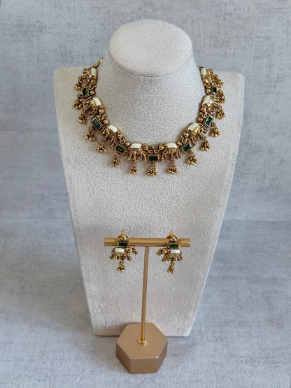 Ayura Designs Ruva Necklace Set with Earrings – Gold Finish, Emerald Green Stones, Ivory Detailing & Elephant Motifs
