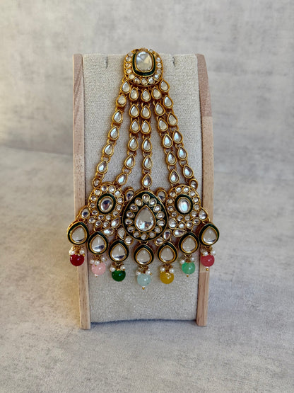 Ayura Designs Jashan Set with Necklace, Earrings, Tikka & Passa – Kundan Detailing, Pearl Drops & Multicolour Beads