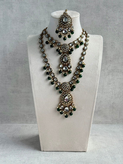 Ayura Designs Kalika Set with Necklace, Earrings, Tikka & Ring – Polki-Style Stones with Antique Green Enamel Detailing, Emerald Green Beads & Pearl Drops