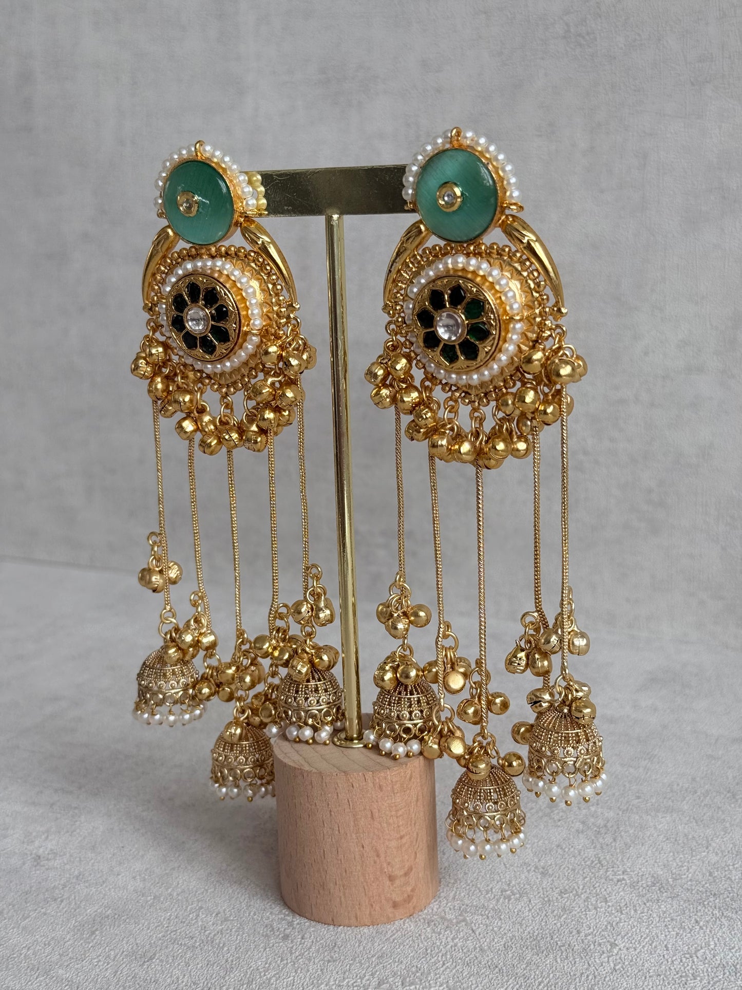 Ayura Designs Shagan Earrings – Mint Green Statement Earrings with Multi Jhumki Drops, Pearl Detailing & Ghungroo Accents