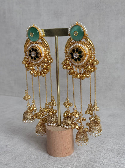 Ayura Designs Shagan Earrings – Mint Green Statement Earrings with Multi Jhumki Drops, Pearl Detailing & Ghungroo Accents