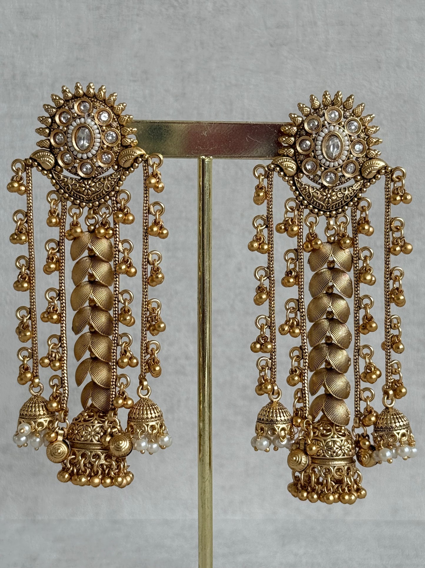 Ayura Designs Ishya Jhumkis – Gold Ghungroo Chain Earrings with Ivory Kundan & Pearls