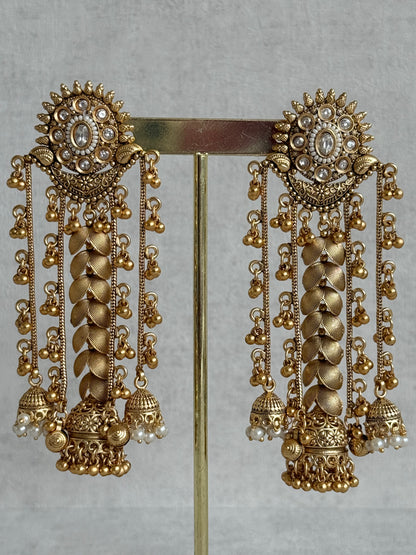 Ayura Designs Ishya Jhumkis – Gold Ghungroo Chain Earrings with Ivory Kundan & Pearls