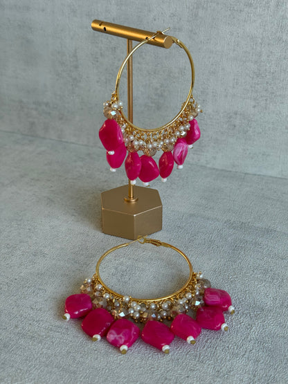 Ayura Designs Heer Balis – Gold Hoops with Hot Pink Marble Beads, Pearls & Crystal Detailing