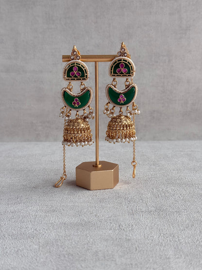 Ayura Designs Tafiza Necklace Set with Sahare Jhumki Earrings & Tikka – Emerald Green, Rani Pink, Kundan, Pearls & Antique Gold Finish